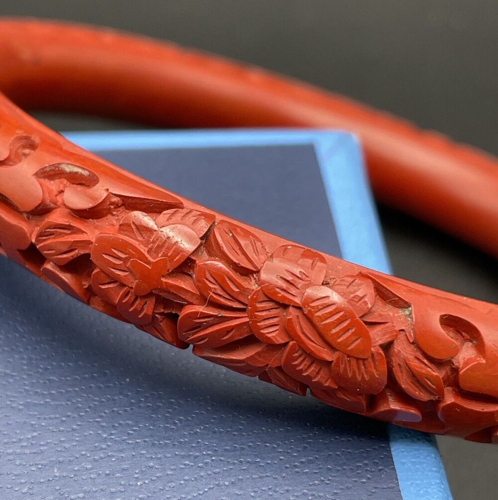 Authentic Chinese Red Cinnabar Carved Floral Bangle Bracelet Lacquer Tested VTG